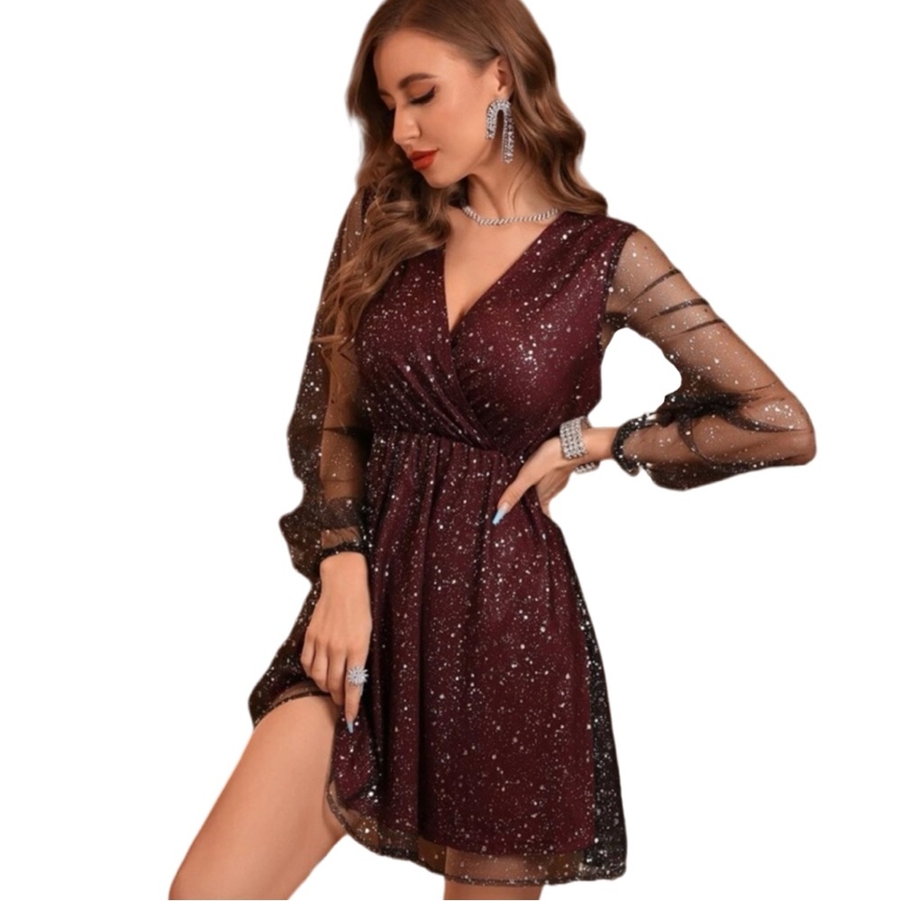SHEIN Medium Maroon Lantern Sleeve Surplice Neck Mesh Dress NEW
